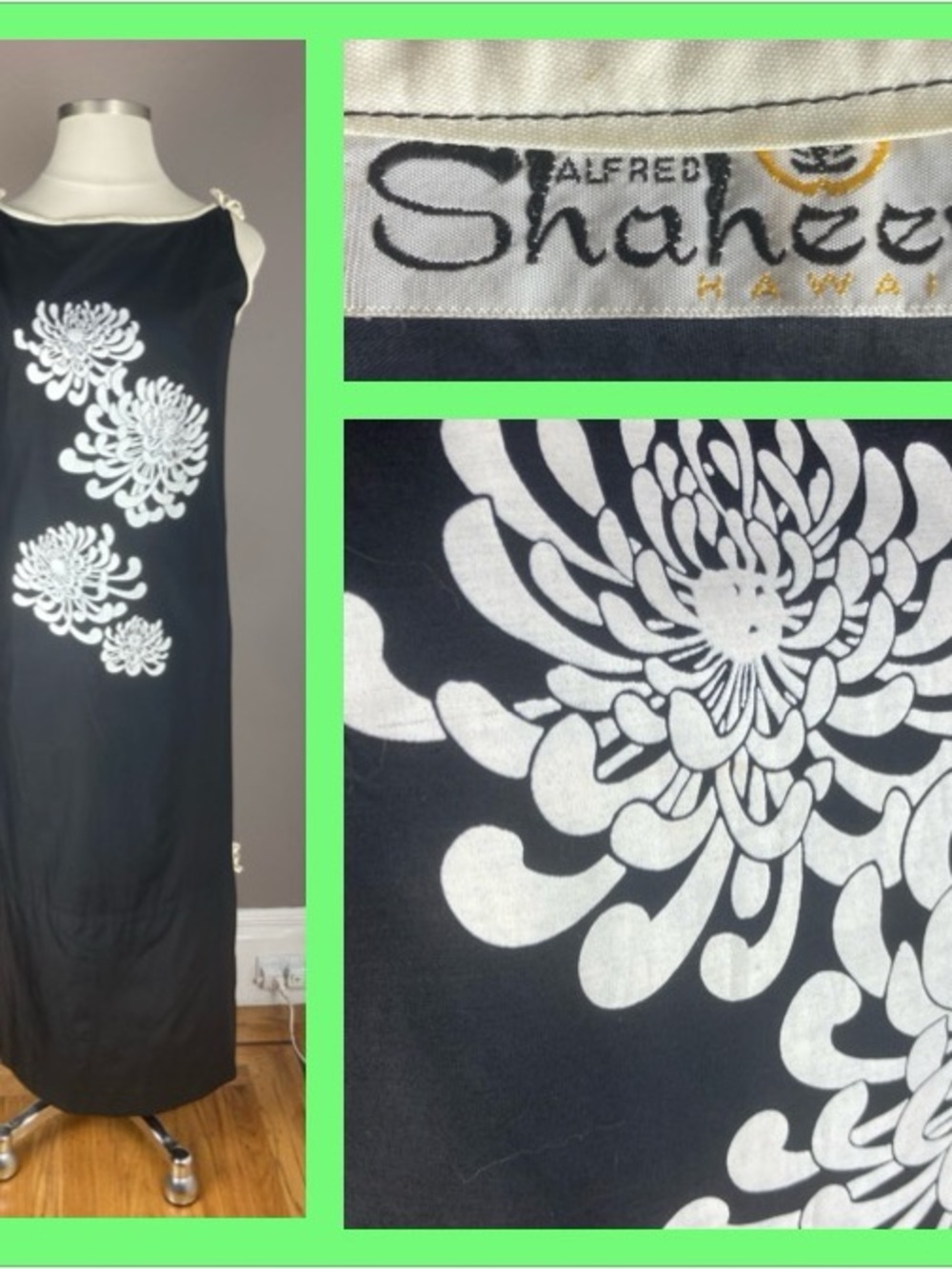 60s Alfred Shaheen Graphic Chrysanthemum Black and White Maxi Dress - Large
